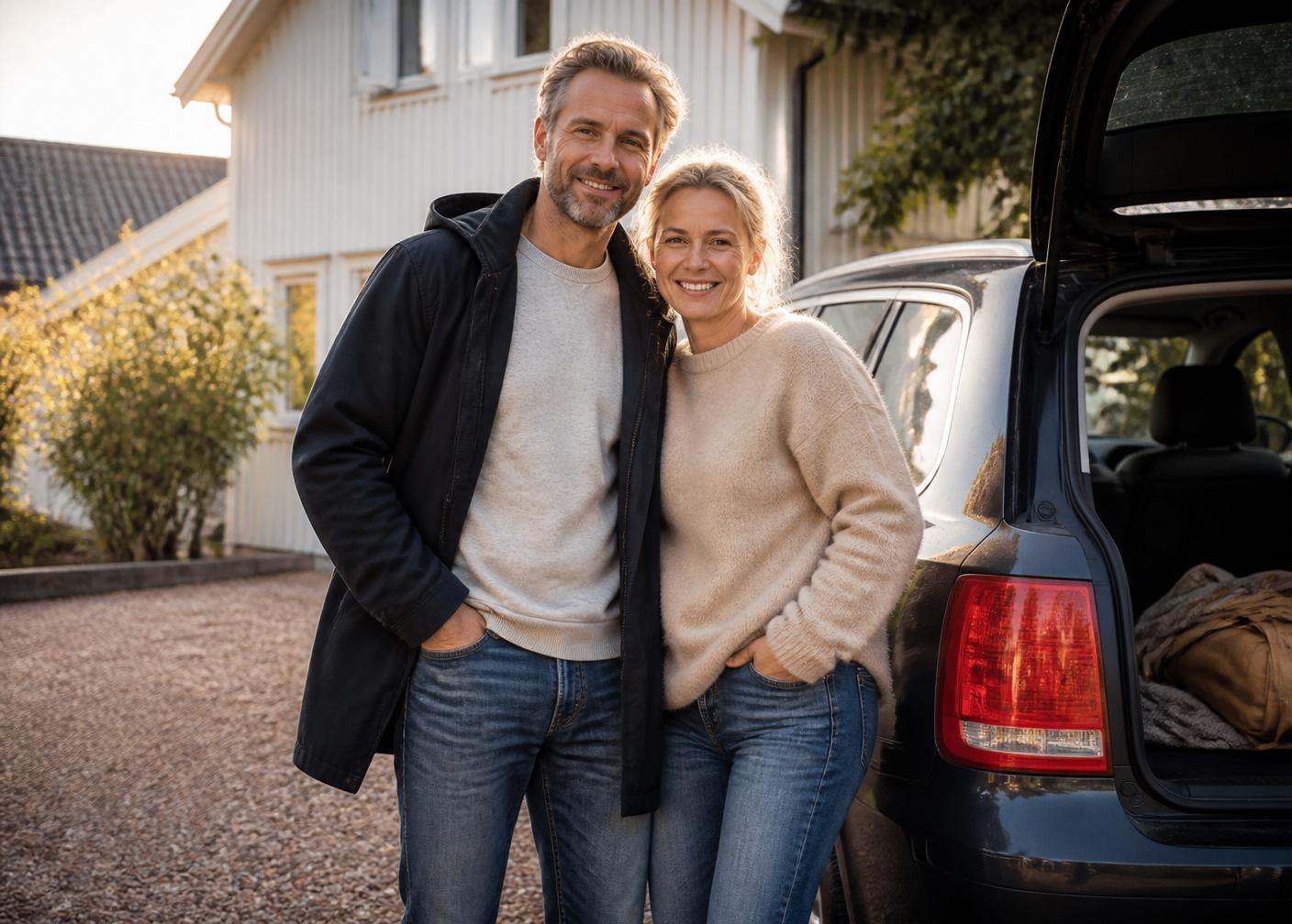 Ett par vid sin bil hemma på uppfarten en solig morgon